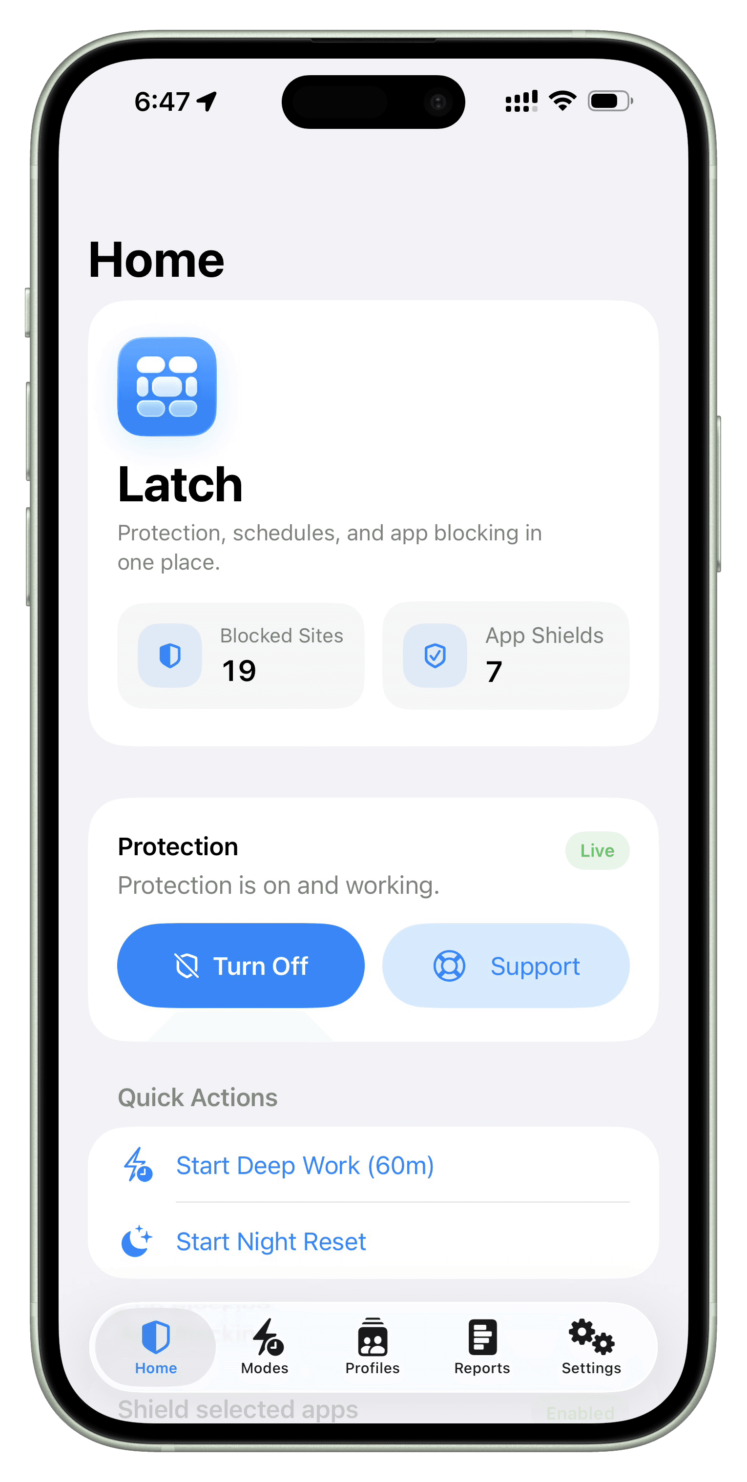 Latch on iPhone: Home tab with protection status, blocked sites, app shields, and quick actions