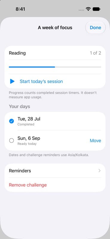 Latch 2.0 weekly focus challenge showing completed and upcoming sessions.