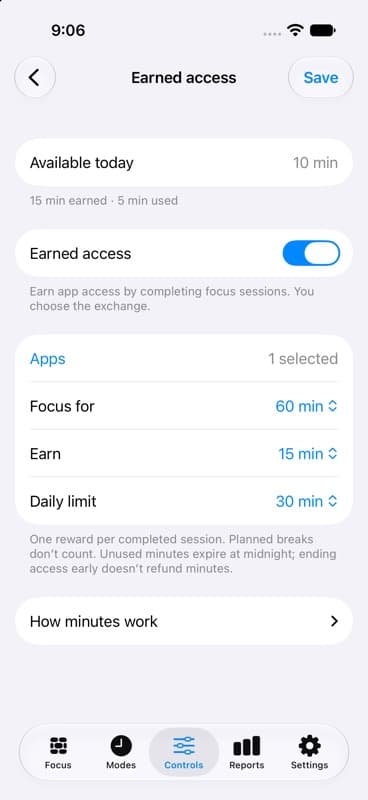 Latch 2.0 earned access settings with focus duration, earned minutes and a daily limit.