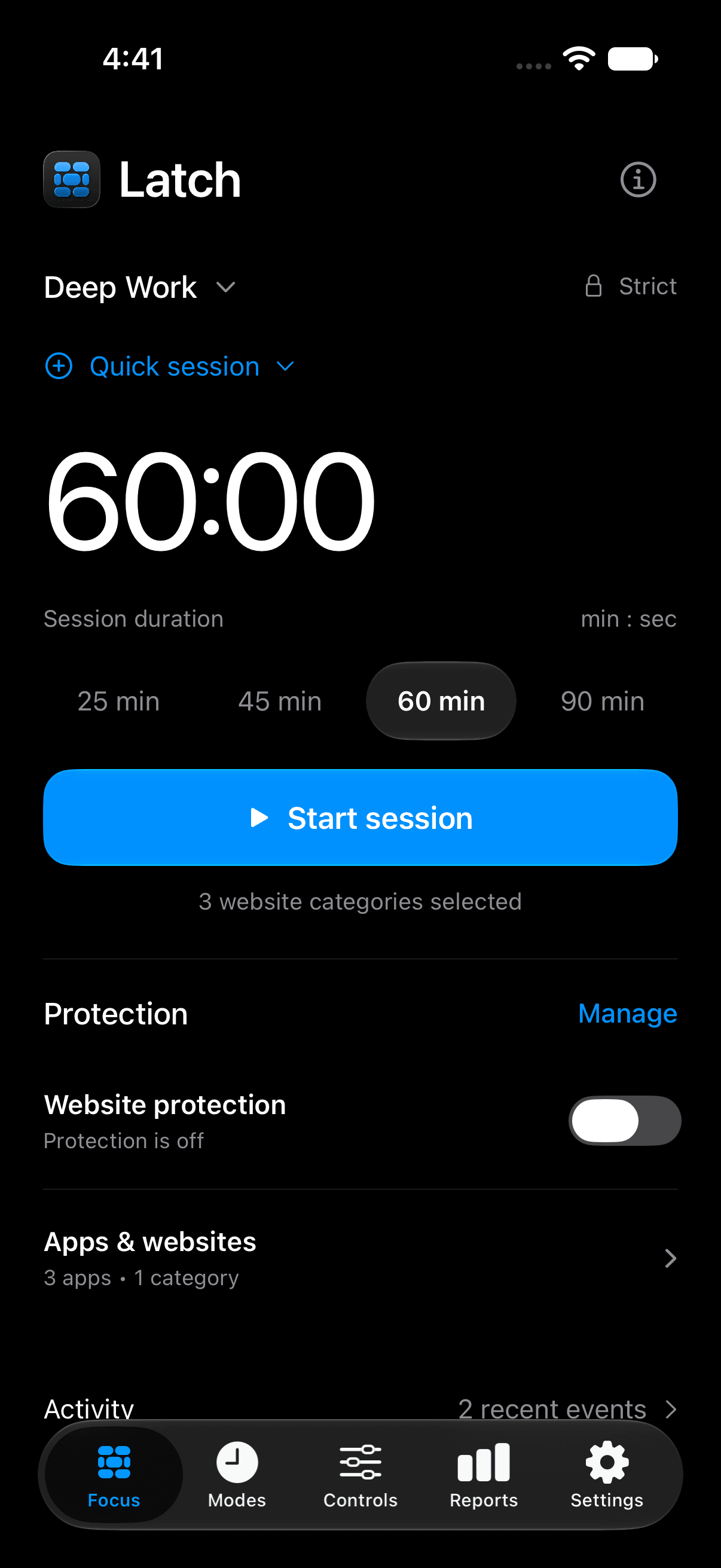 Latch 2.0 Focus screen with a 60-minute session and separate protection controls.