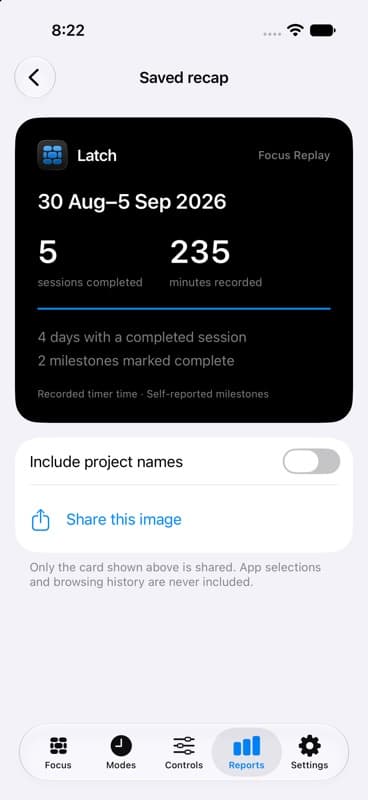 Latch 2.0 Focus Replay preview with sessions, recorded minutes and a sharing control.