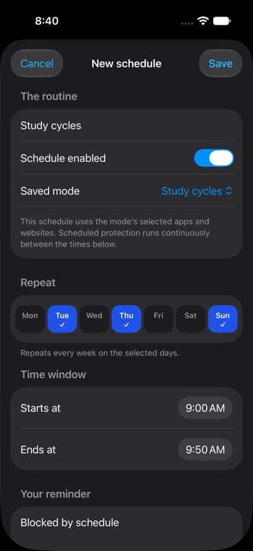 Latch 2.0 schedule editor with selected weekdays and a morning time window.